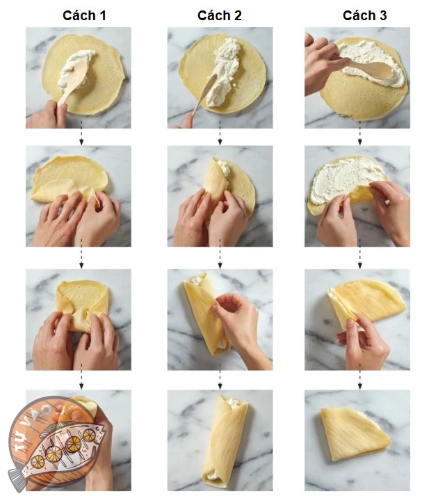 3 cách cuốn bánh: hình gối, gói nem và tam giác